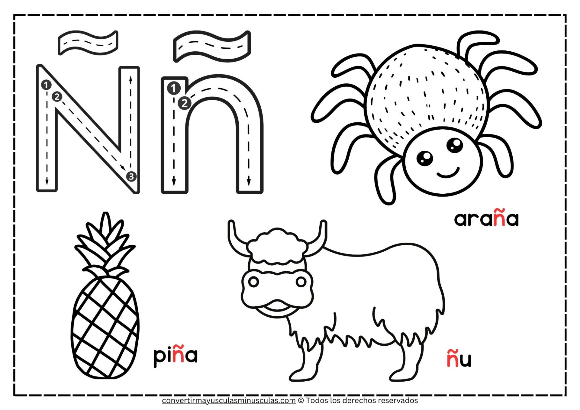 Dibujos para colorear con la letra Ñ: ñandú, niño, piña, araña y montaña