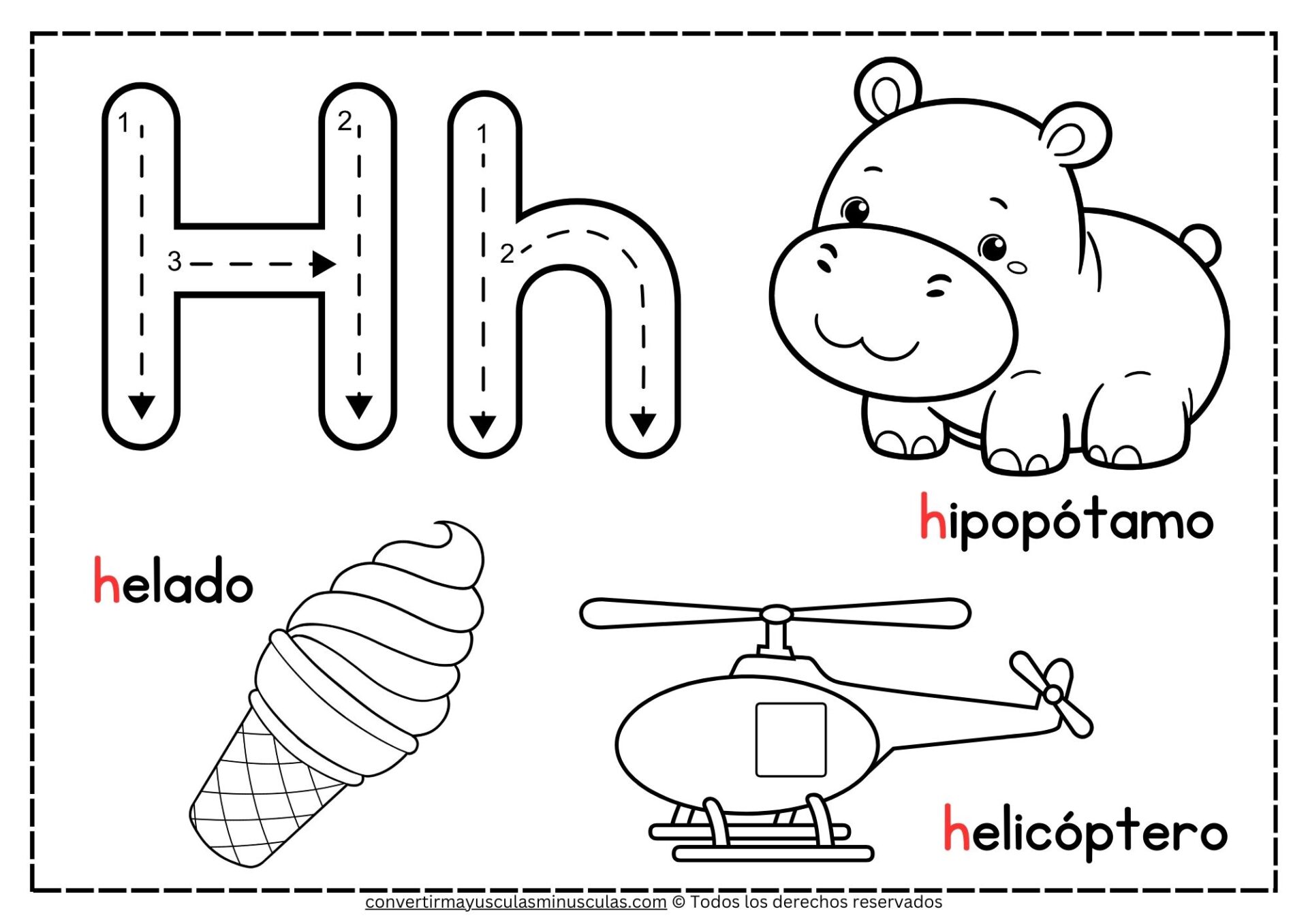 Dibujos para colorear con la letra H: helado, hormiga, hoja, huevo e hipopótamo