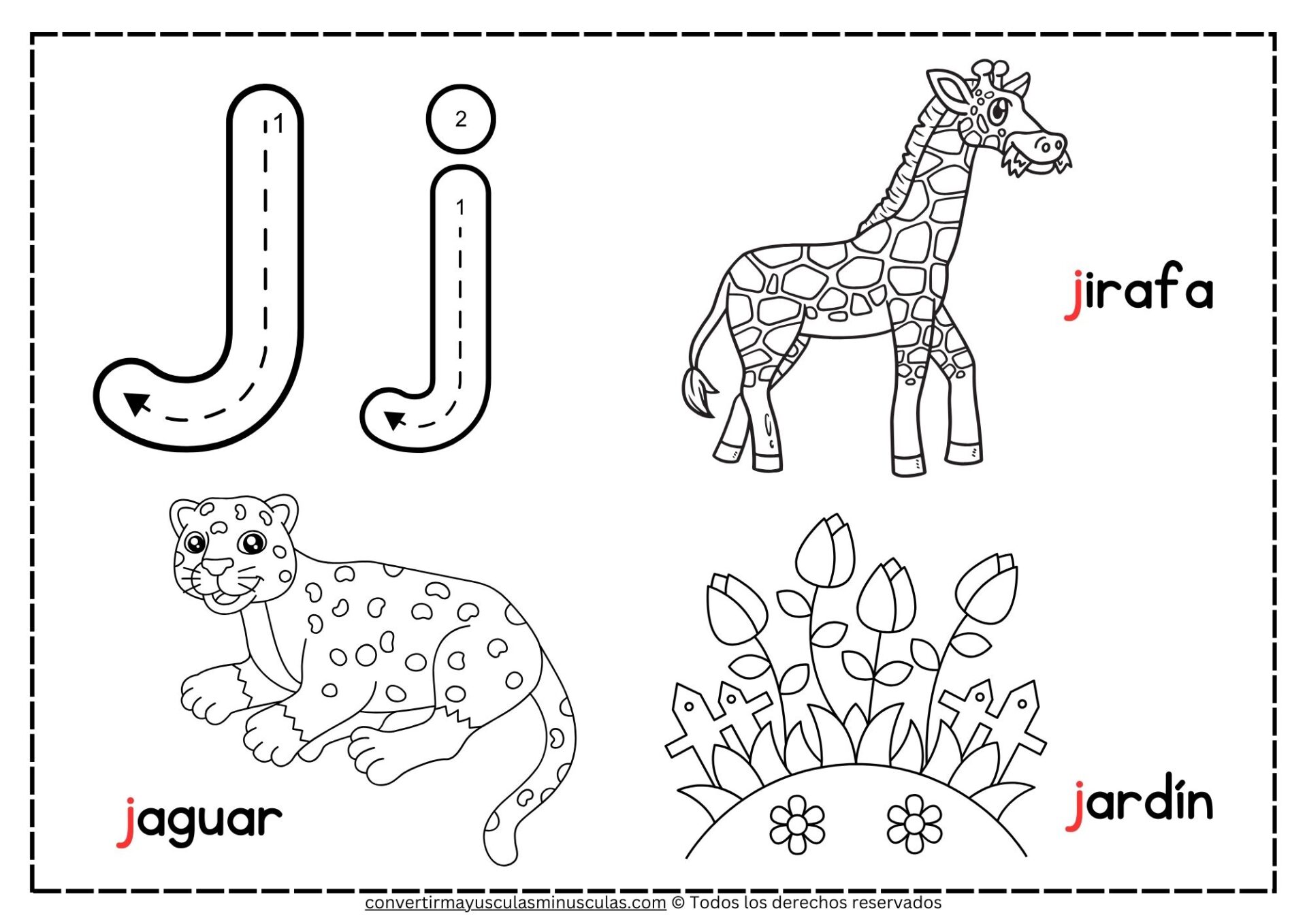 Dibujos para colorear con la letra J: jirafa, jardín, juguete, jabón y joya