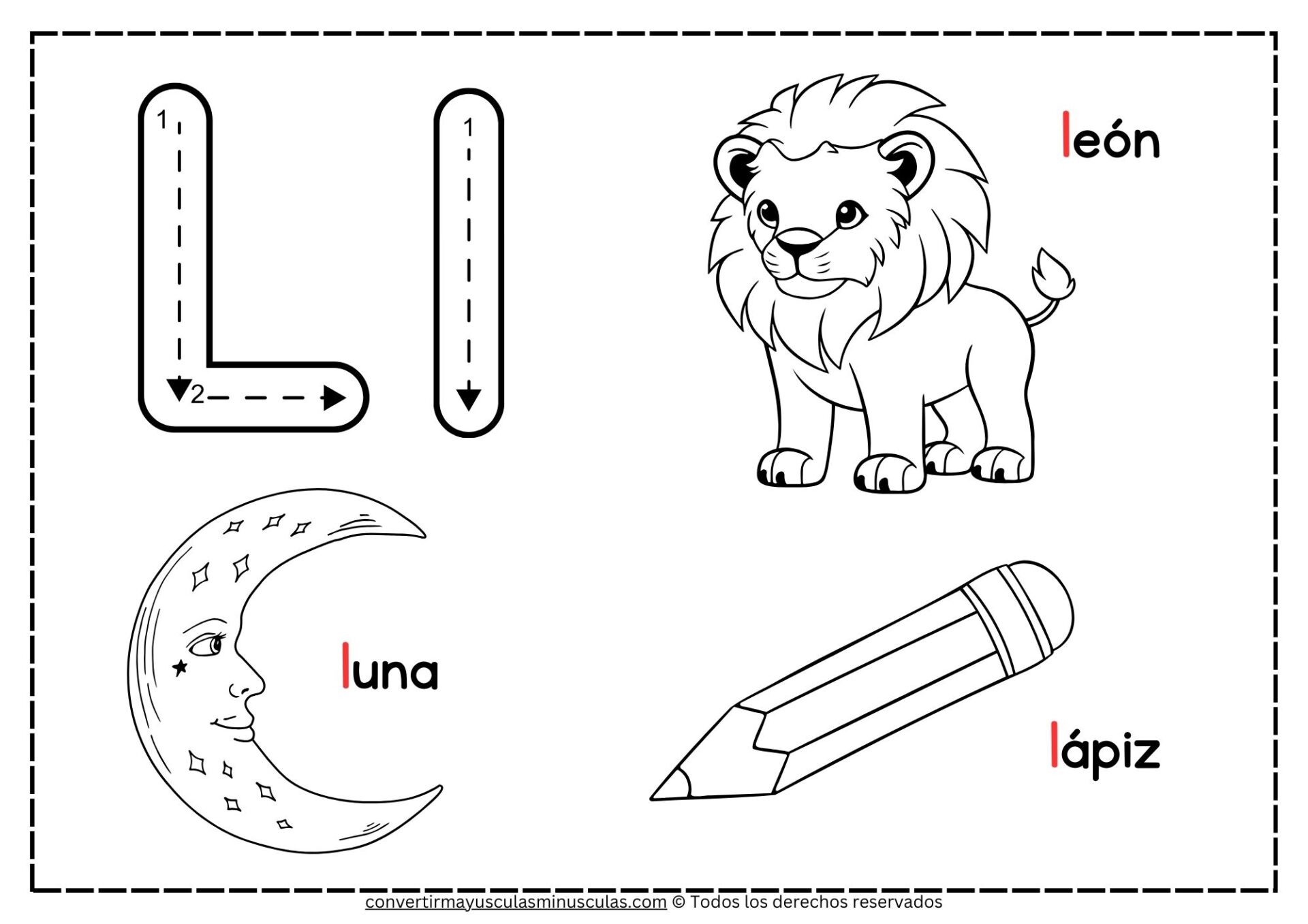 Dibujos para colorear con la letra L: león, luna, libro, loro y limón