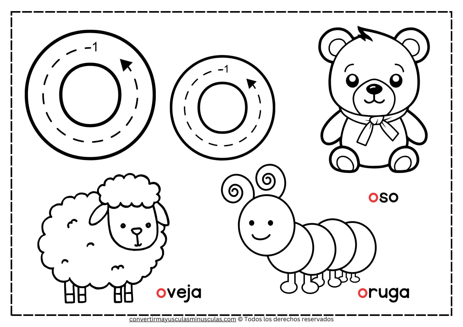 Dibujos para colorear con la letra O: oso, ojo, oveja, océano y oruga