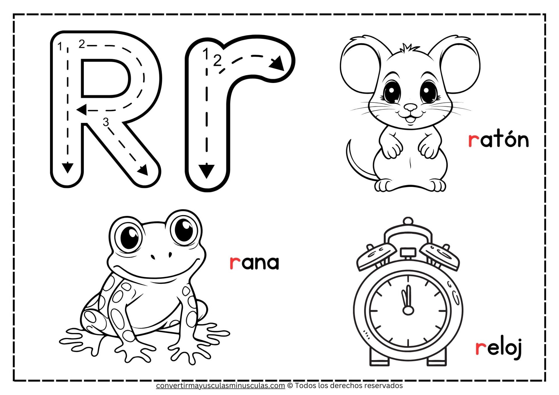 Dibujos para colorear con la letra R: ratón, rosa, rana, robot y reloj