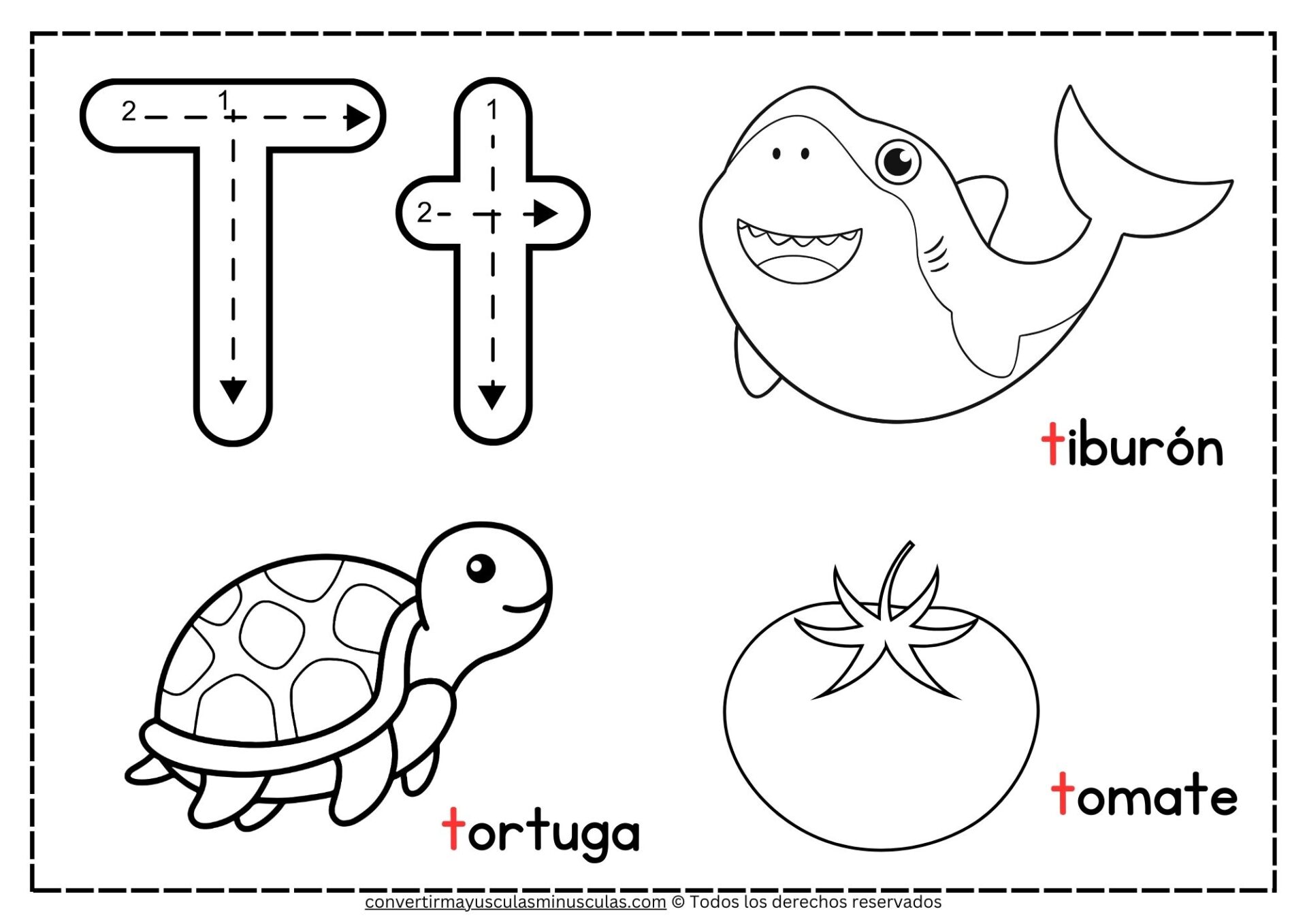 Dibujos para colorear con la letra T: tortuga, tigre, tren, tomate y tambor