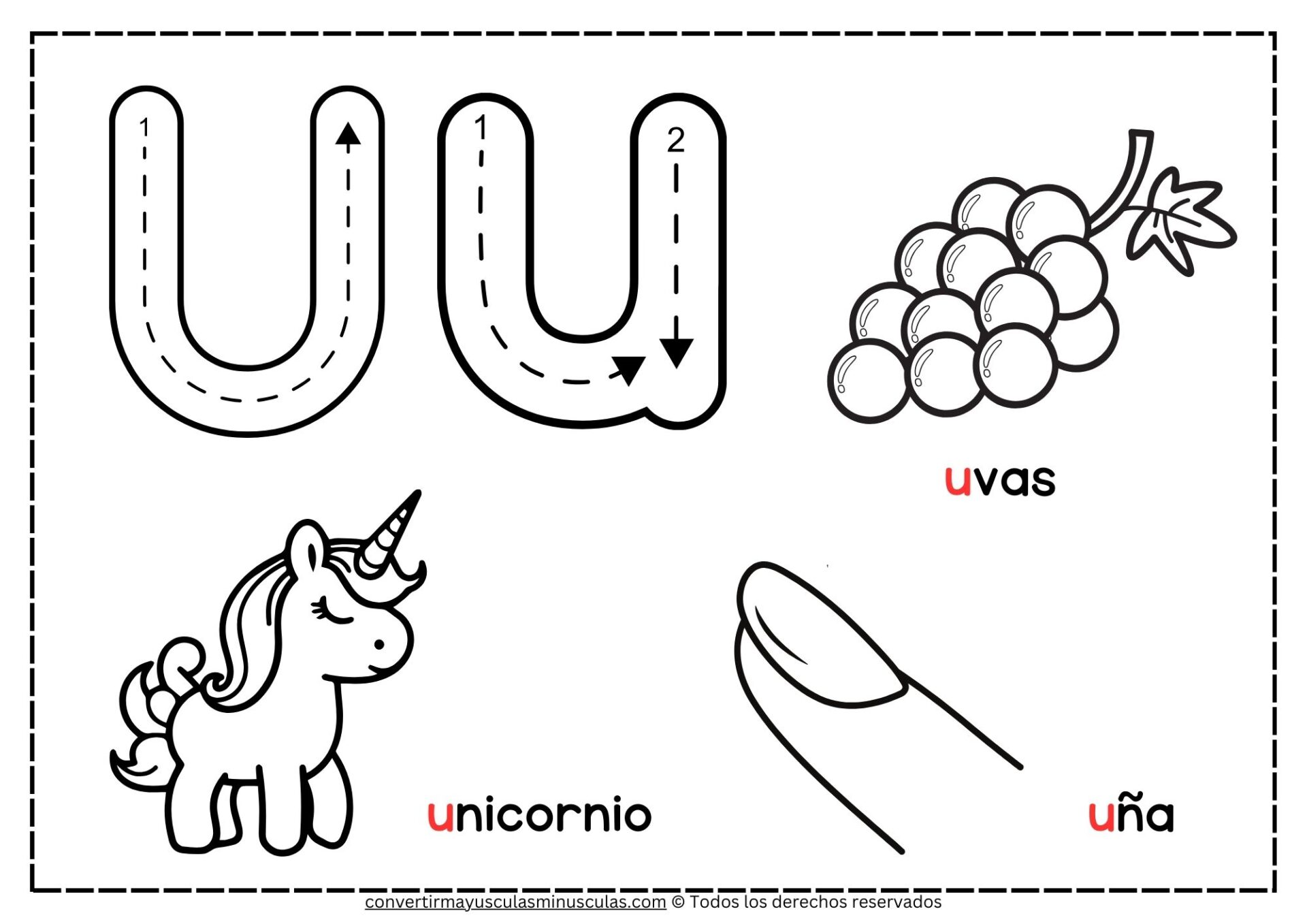 Dibujos para colorear con la letra U: unicornio, uvas, universo, urraca y uniforme